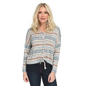 ONE WORLD Slub Knit Long Sleeve Button Front Tie Detailed Top NWT